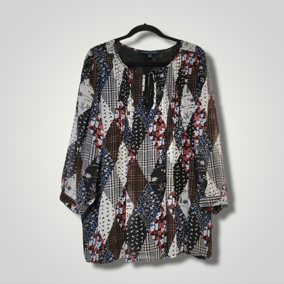 Tommy Hilfiger Top 1X Womens Blouse Patchwork Floral Print Plus Keyhole Back - Picture 3 of 9